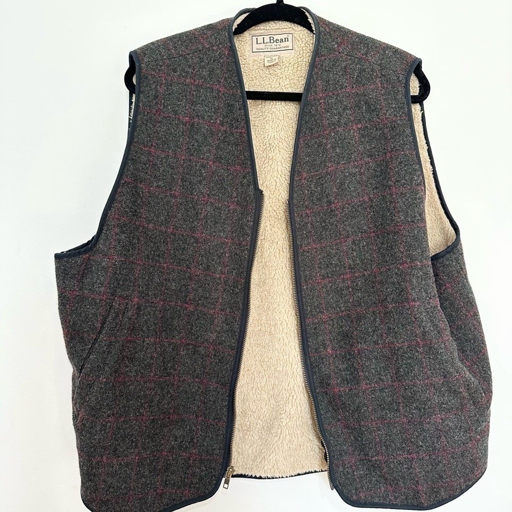 Y2K Vtg MADE IN USA L.L. Bean Wool Plaid Vest, Sherpa Fleece Lined, Size XL men